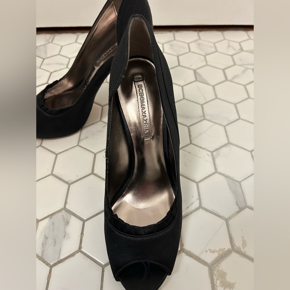 BCBG Black Satin Peep-Toe Pumps, Sz 7.5 - Picture 4 of 9